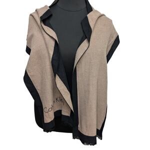 Calvin Klein Reversible Fringe Hem Scarf Black Tan Minimalist Cozy Soft Warm New